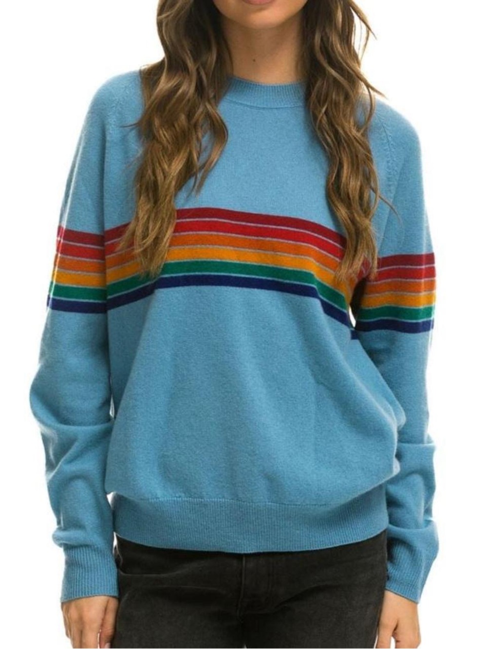 Aviator Nation blue rainbow striped crewneck sweatshirt